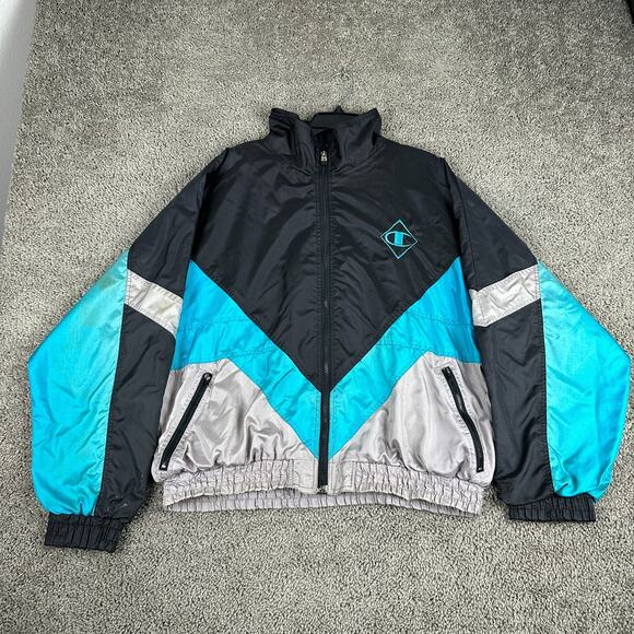 Champion Jacket Mens Large Black Blue Nylon Windbreaker Lined Full Zip Coat - Picture 1 of 13